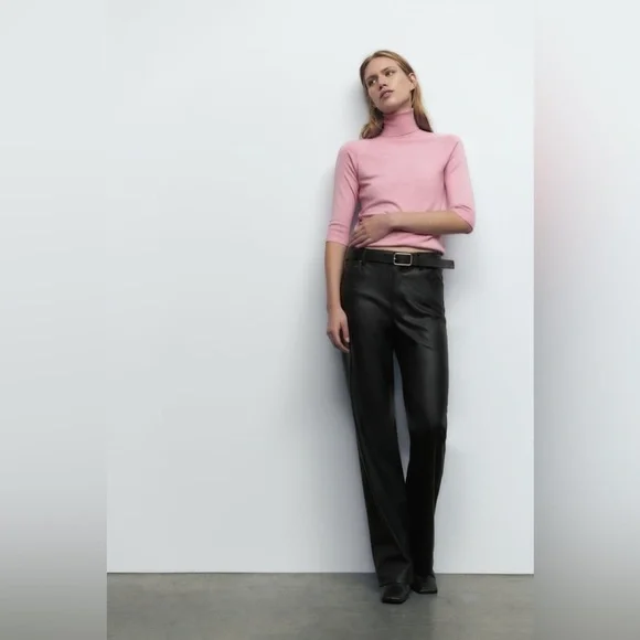 Zara High Collar Turtleneck Fine Ribbed Knit 3/4 Sleeve Sweater in Pink - Picture 7 of 14